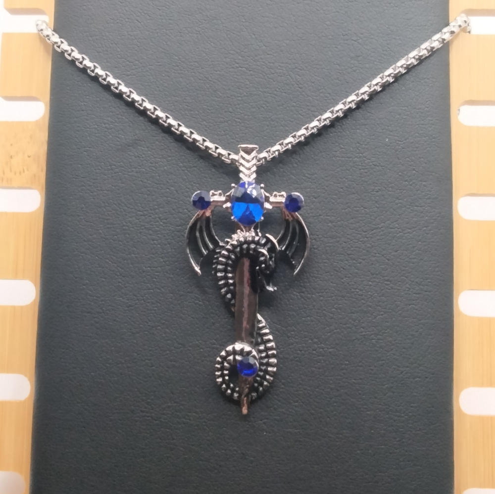 Dragon and Gemmed Sword Necklace - Blue Men